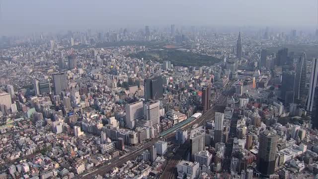 Aerial overhead Metropolitan skyscrapers Business district Tokyo Rail Station 