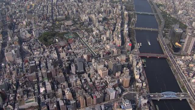 Aerial view Sumida River Senso ji Temple Thunder Gate Tokyo