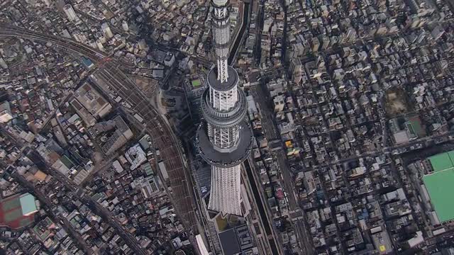 Aerial Tokyo city Skytree digital TV observation Tower Japan 