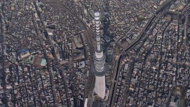 Aerial Skytree broadcasting Tower Sumida River district Tokyo 
