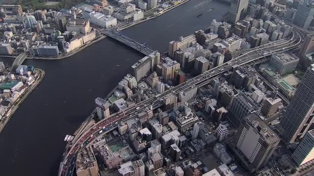 Aerial Sumida River bridges Tokyo city Expressway Japan 