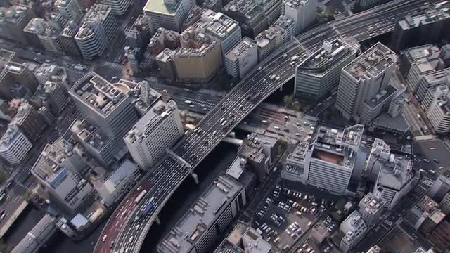 Aerial overhead Tokyo city vehicle commuter Expressway Japan