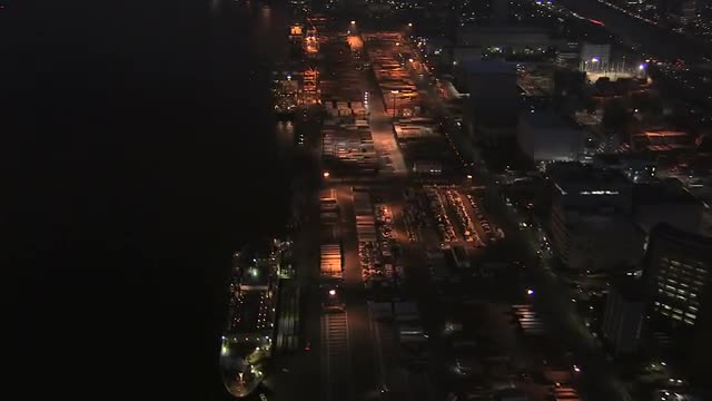 Aerial illuminated Port of Tokyo container terminal Pacific Ocean Japan