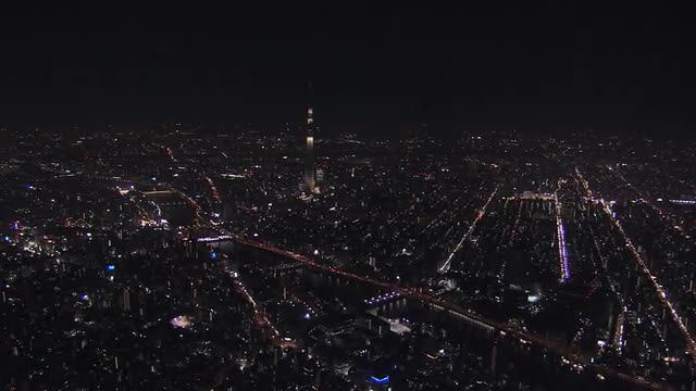 Aerial illuminated Skytree Tower cityscape Sumida district Tokyo Japan