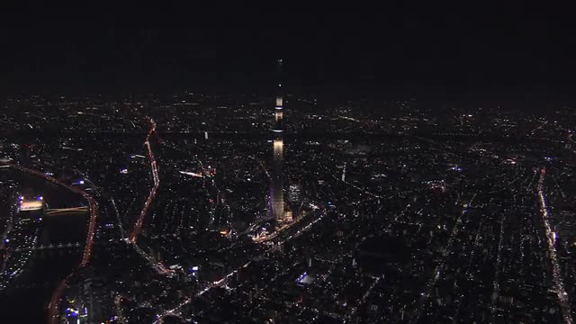 Aerial illuminated Skytree Tower cityscape Sumida district Tokyo Japan
