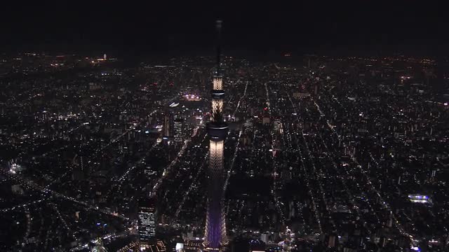 Aerial illuminated Skytree Tower cityscape Sumida district Tokyo Japan