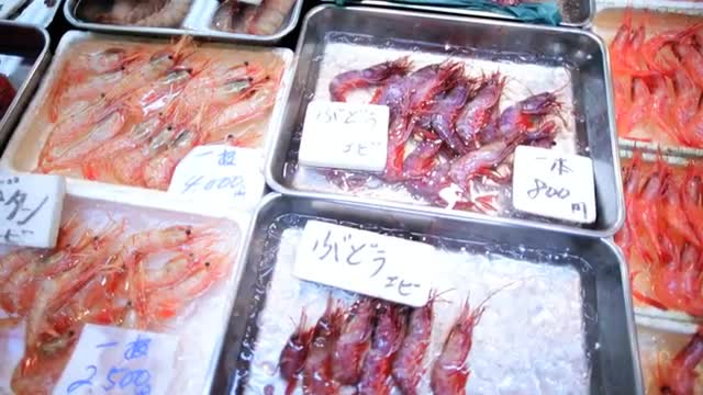 Fresh Prawns Seafood Scallops Raw Healthy Food Tsukiji Fish Market Tokyo Japan