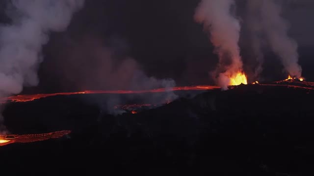 Aerial Flowing Molten Lava Holuhraun Volcano Erupting Fissures Magma Iceland