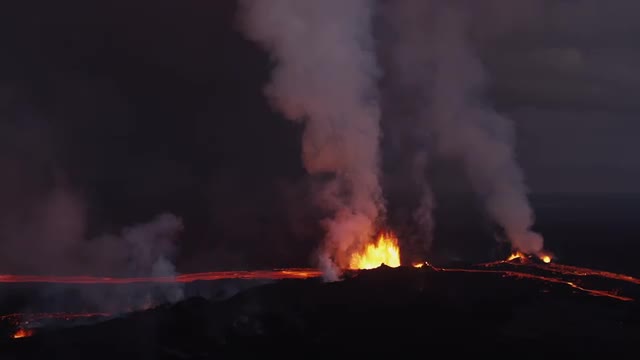 Aerial Night Volcano Lava Holuhraun Seismic Activity Land Fissures Iceland 