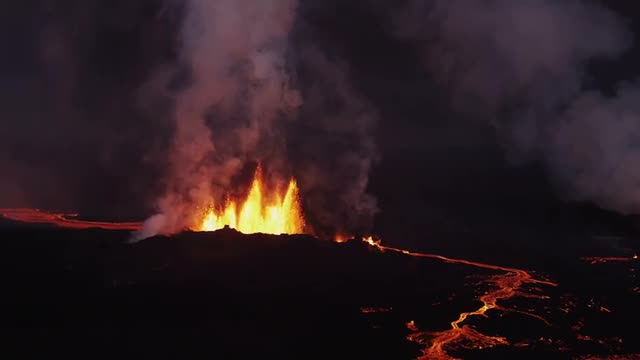 Aerial Red Hot Lava Flowing Holuhraun Volcano Geological Eruption Iceland 