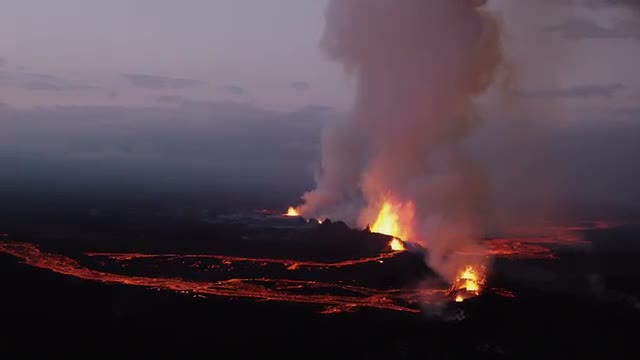 Aerial Flowing Molten Lava Holuhraun Volcano Erupting Fissures Magma Iceland