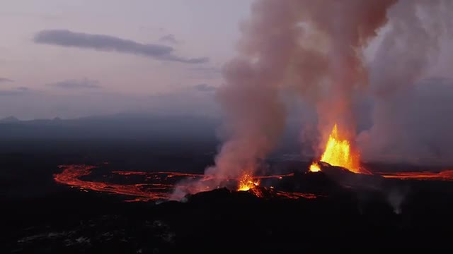 Aerial Night Volcano Lava Holuhraun Seismic Activity Land Fissures Iceland 