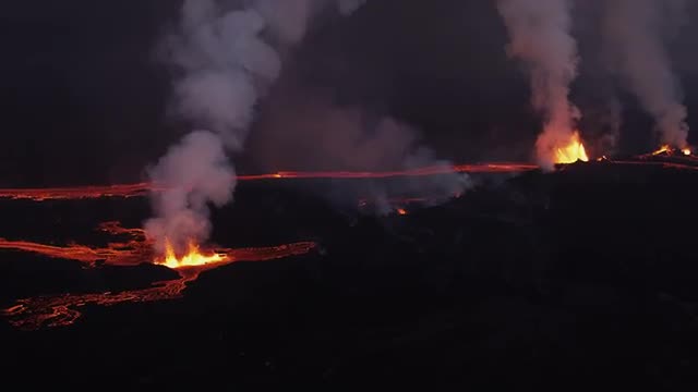 Aerial Red Hot Lava Flowing Holuhraun Volcano Geological Eruption Iceland 
