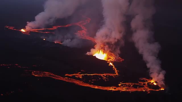 Aerial Night Volcano Lava Holuhraun Seismic Activity Land Fissures Iceland 