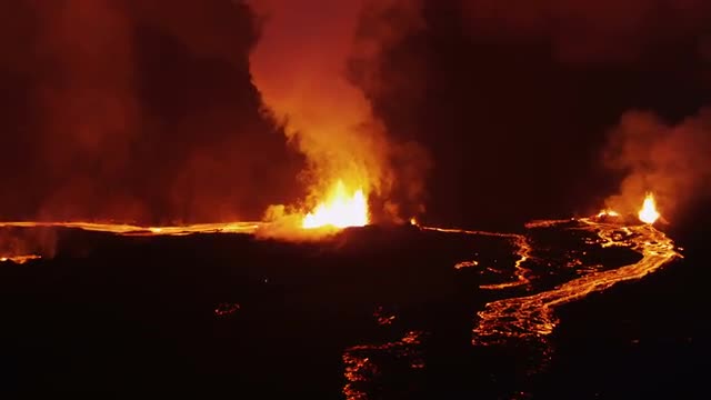 Aerial Red Hot Lava Flowing Holuhraun Volcano Eruption Travel Iceland 