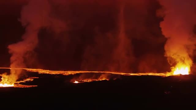 Aerial Night Volcano Lava Holuhraun Seismic Activity Land Fissures Iceland 