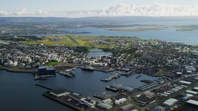 Aerial Reykjavik harbor Iceland city capitol port trade travel Europe 