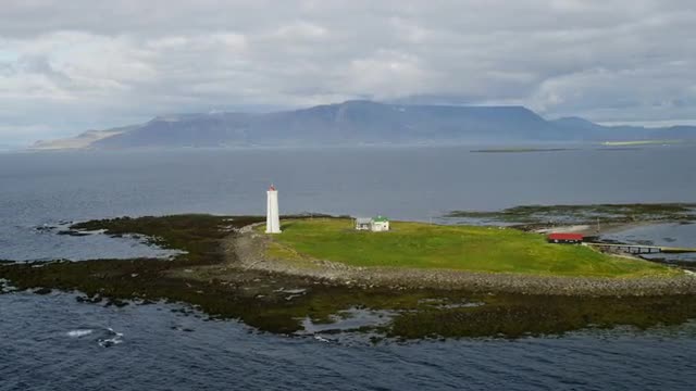 Aerial Reykjavik Iceland capitol city buildings natural bays harbor entrance