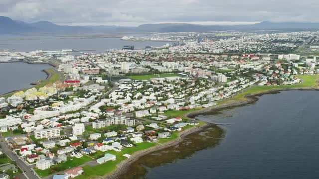 Aerial Reykjavik Iceland city suburban living homes urban Europe 