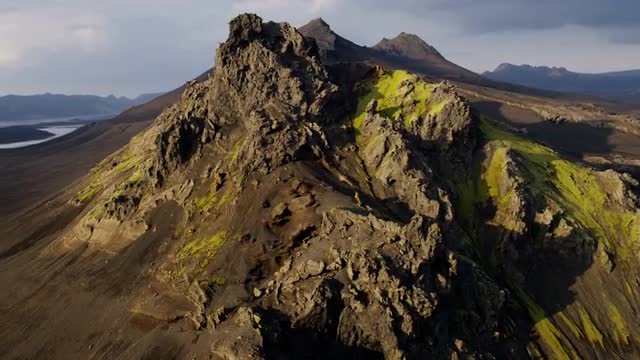 Aerial Icelandic Region Highlands  Wilderness Volcanic Rocky Peaks Green Travel 