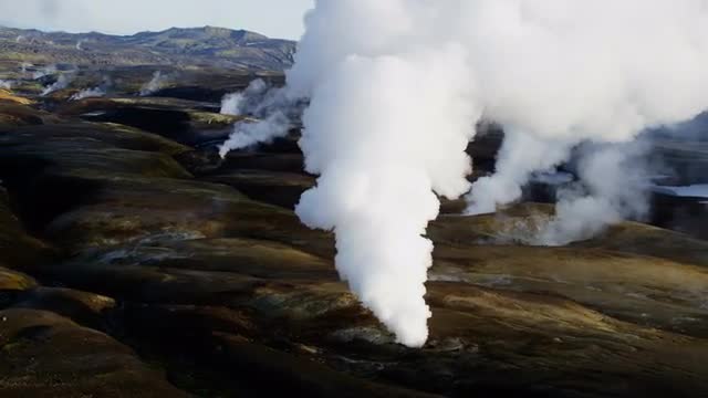 Aerial steam venting volcanic active area thermal energy Landmannalaugar