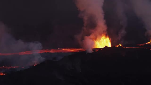 Aerial Flowing Molten Lava Holuhraun Volcano Erupting Fissures Magma Iceland