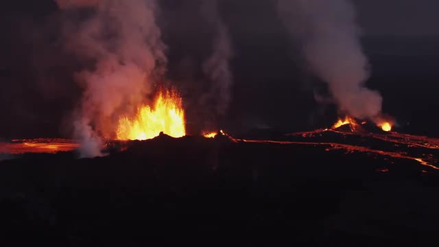 Aerial Night Volcano Lava Holuhraun Seismic Activity Land Fissures Iceland 