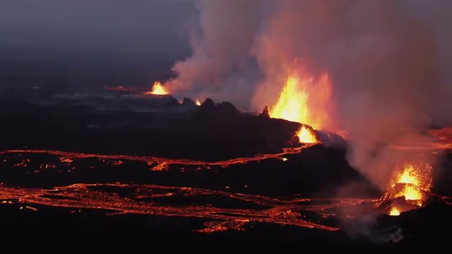 Aerial Flowing Molten Lava Holuhraun Volcano Erupting Fissures Magma Iceland