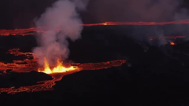 Aerial Red Hot Lava Flowing Holuhraun Volcano Geological Eruption Iceland 