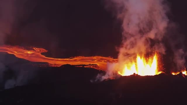 Aerial Night Volcano Lava Holuhraun Seismic Activity Land Fissures Iceland 