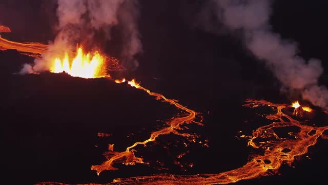 Aerial Flowing Molten Lava Holuhraun Volcano Erupting Fissures Magma Iceland