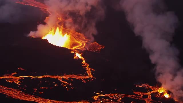 Aerial Night Volcano Lava Holuhraun Seismic Activity Land Fissures Iceland 