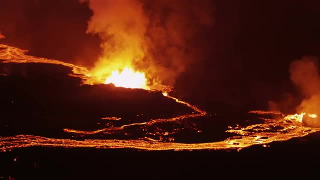 Aerial Flowing Molten Lava Holuhraun Volcano Erupting Fissures Magma Iceland