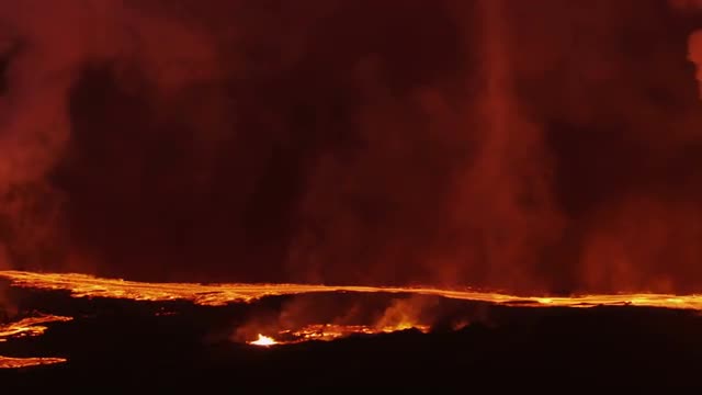 Aerial Night Volcano Lava Holuhraun Seismic Activity Land Fissures Iceland 