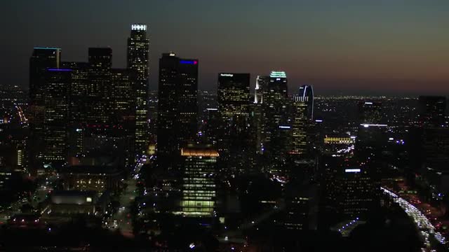 Downtown LA Night Aerial: Traffic and Downtown