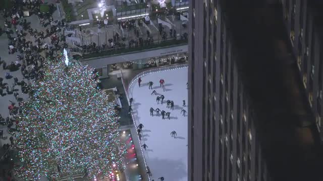 CLOSE UP AERIAL Rockefeller Center Christmas Tree