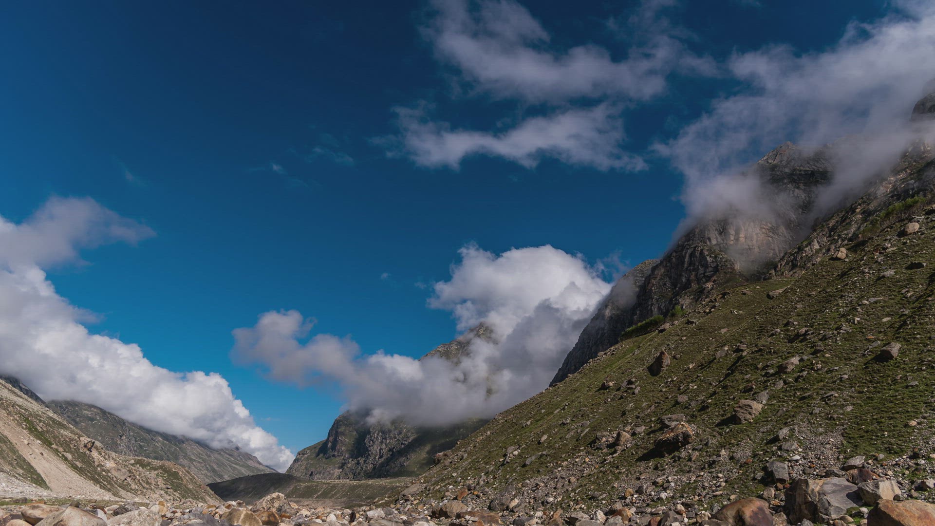 Time Lapse of Thick Clouds Crawling over Himalaya Mountains in Spiti Valley, India. 