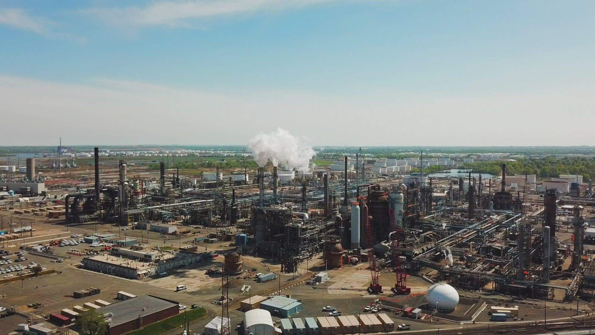 Aerial Pull Back View of Large Oil Refinery