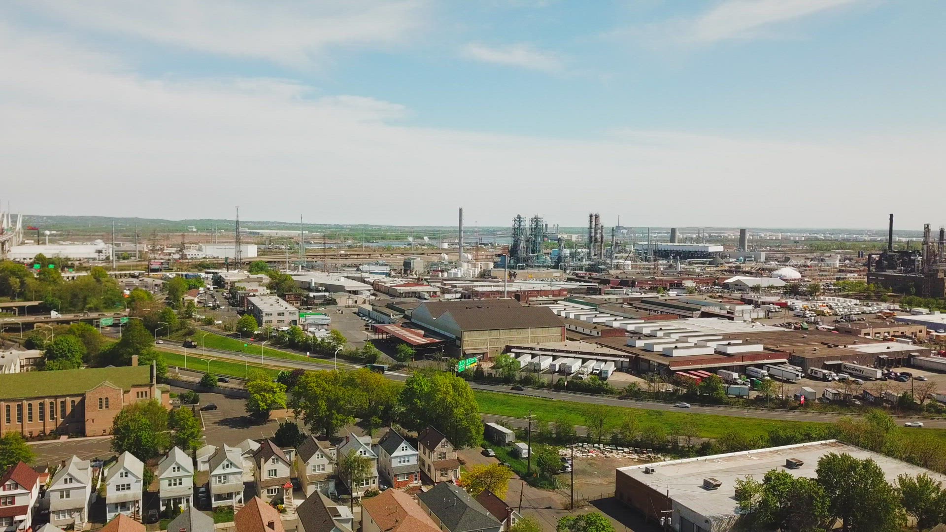 Aerial View of Phillips 66 Bayway Refinery in Elizabeth New Jersey - Panning Shot