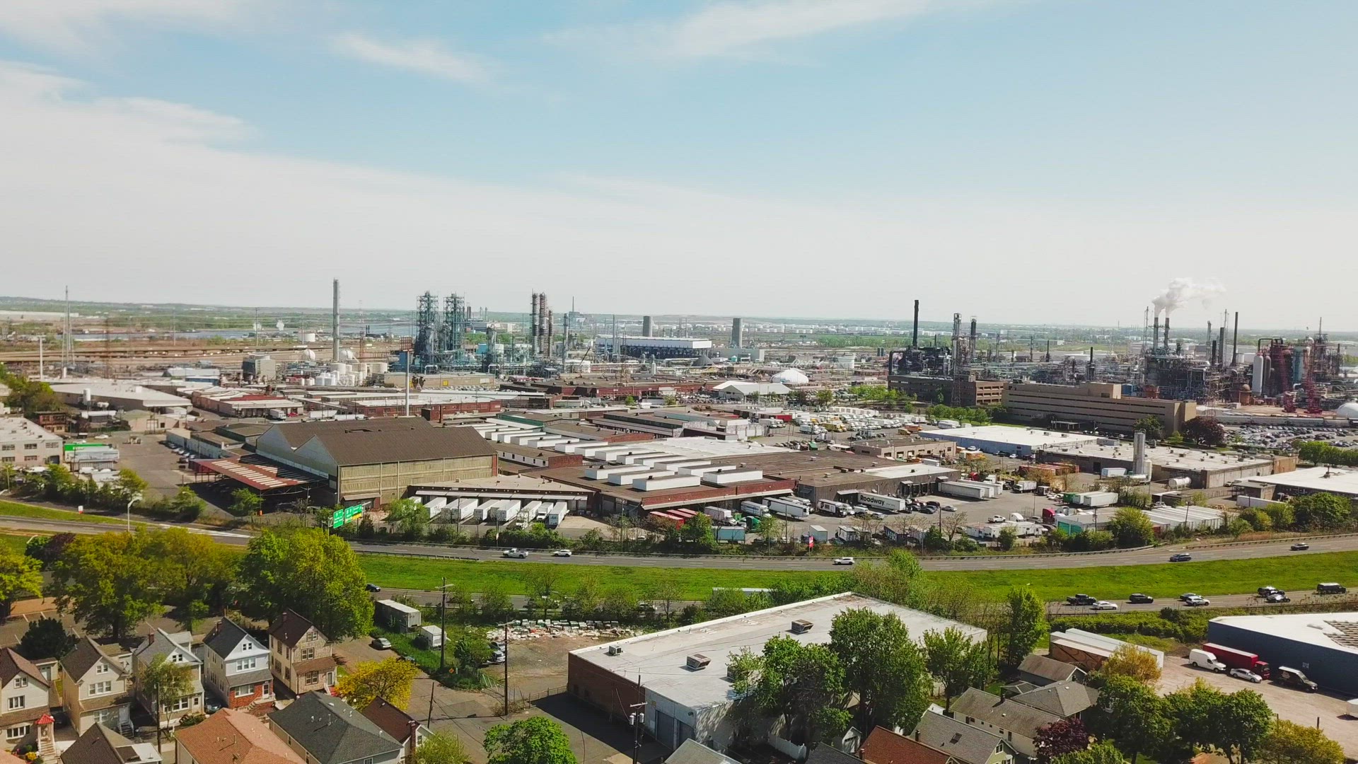 Aerial View of Phillips 66 Bayway Refinery in Elizabeth New Jersey - Panning Shot