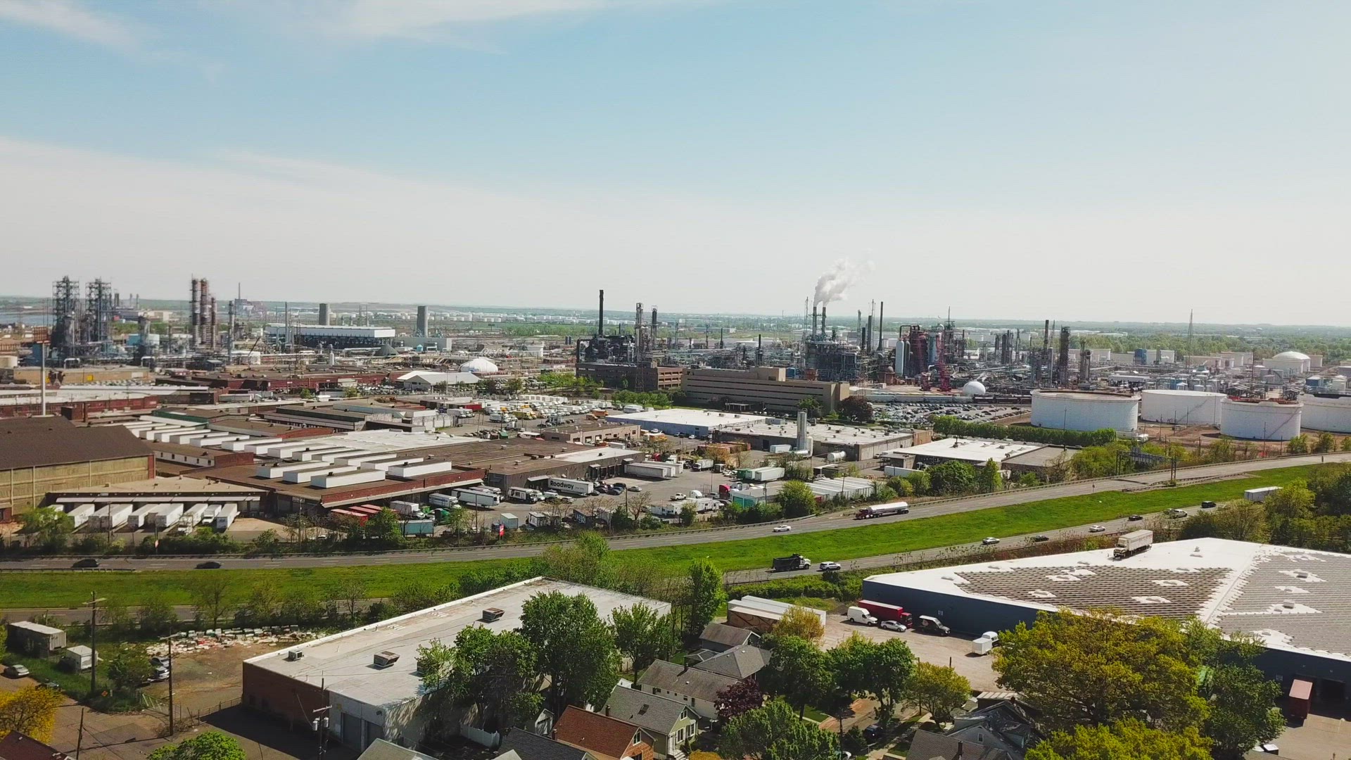 Aerial View of Phillips 66 Bayway Refinery in Elizabeth New Jersey - Panning Shot