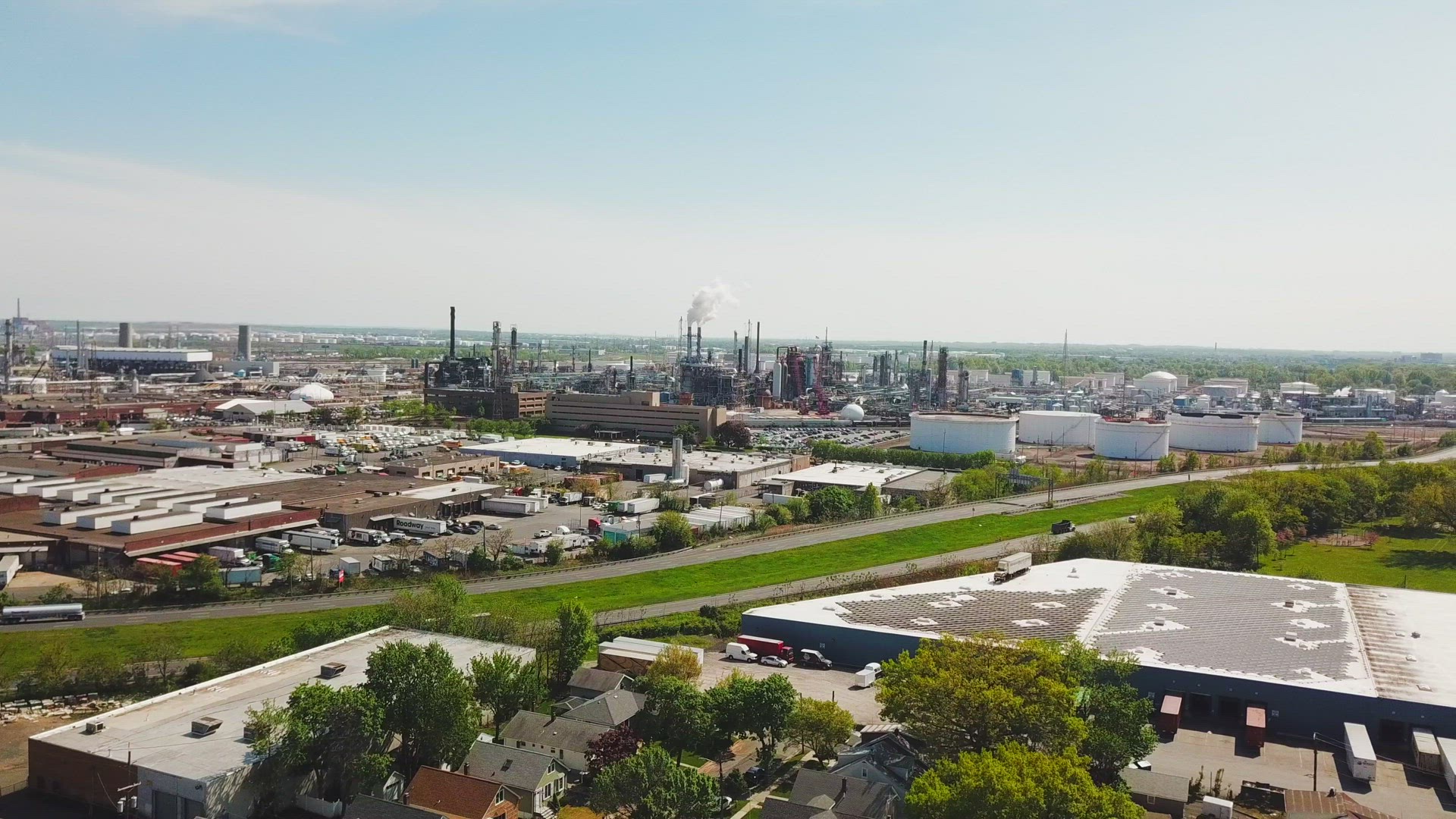 Aerial View of Phillips 66 Bayway Refinery in Elizabeth New Jersey - Panning Shot