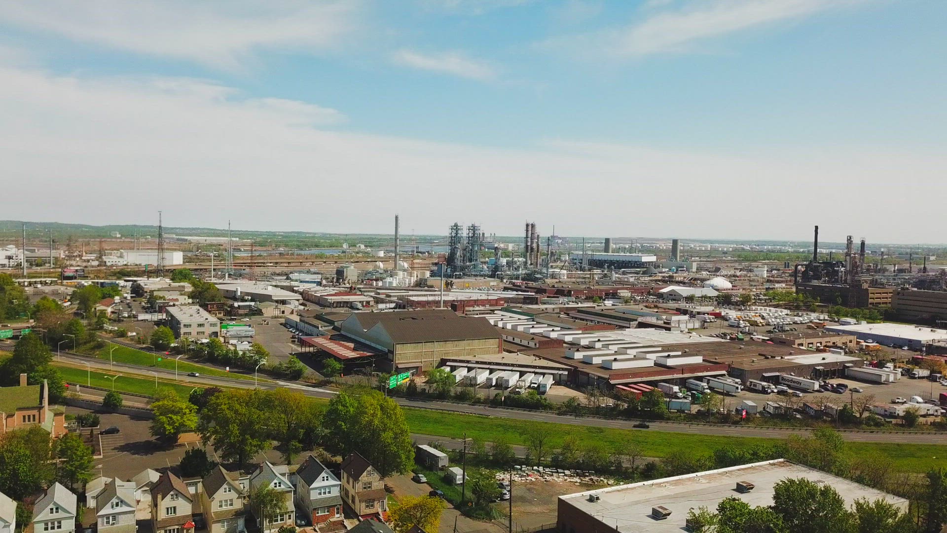 Aerial View of Phillips 66 Bayway Refinery in Elizabeth New Jersey - Dolly Shot
