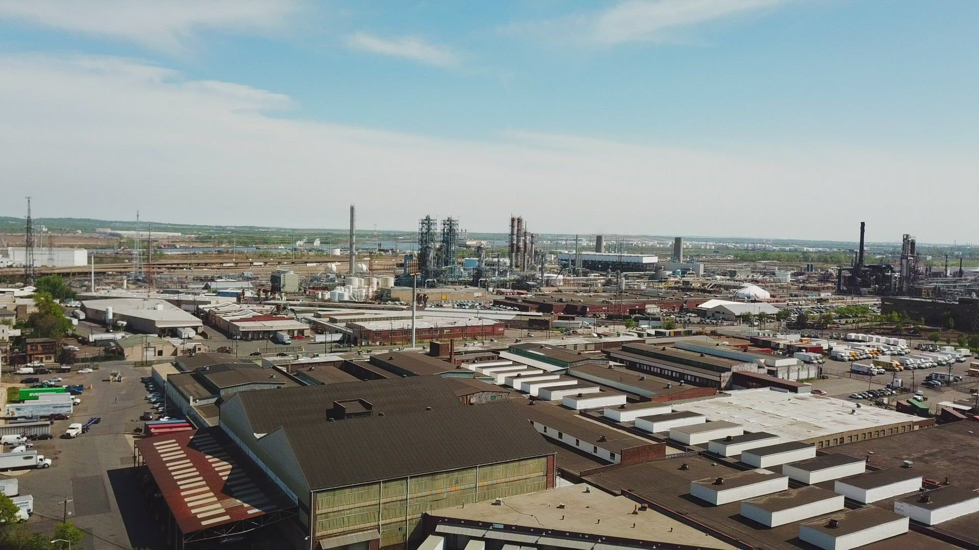 Aerial View of Phillips 66 Bayway Refinery in Elizabeth New Jersey - Crane Shot
