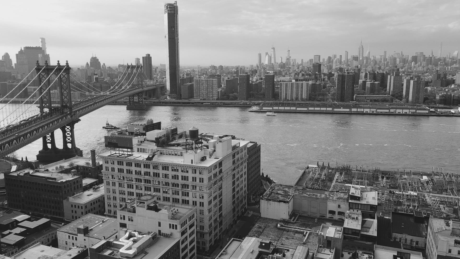 View of Brooklyn, Manhattan Bridge and New York City in Black and White