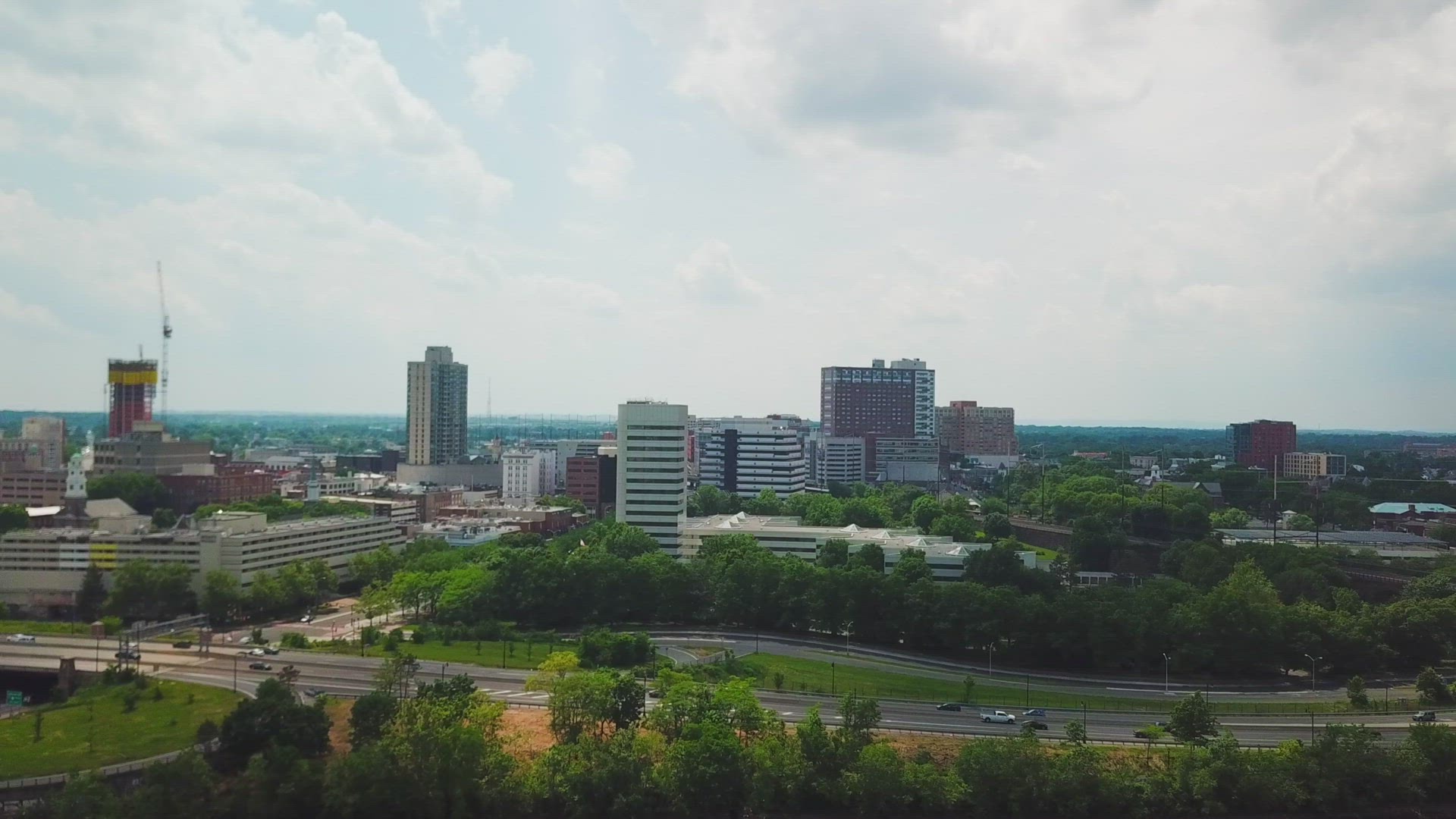 Aerial View of New Brunswick, New Jersey Skyline - Arc Shot