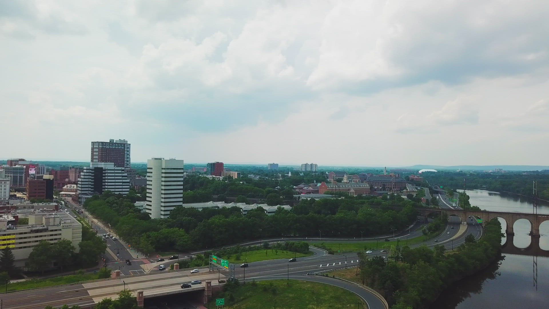 Aerial View of Downtown New Brunswick, New Jersey - Panning Right