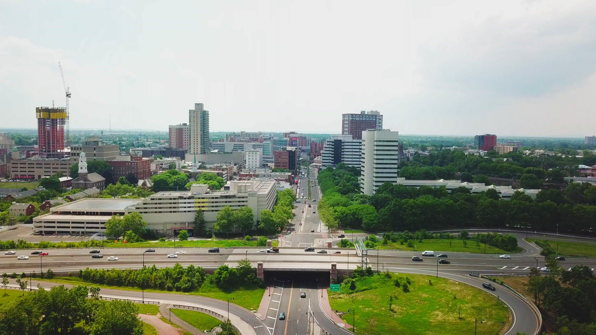 Aerial View of Downtown New Brunswick, New Jersey - Dolly Shot