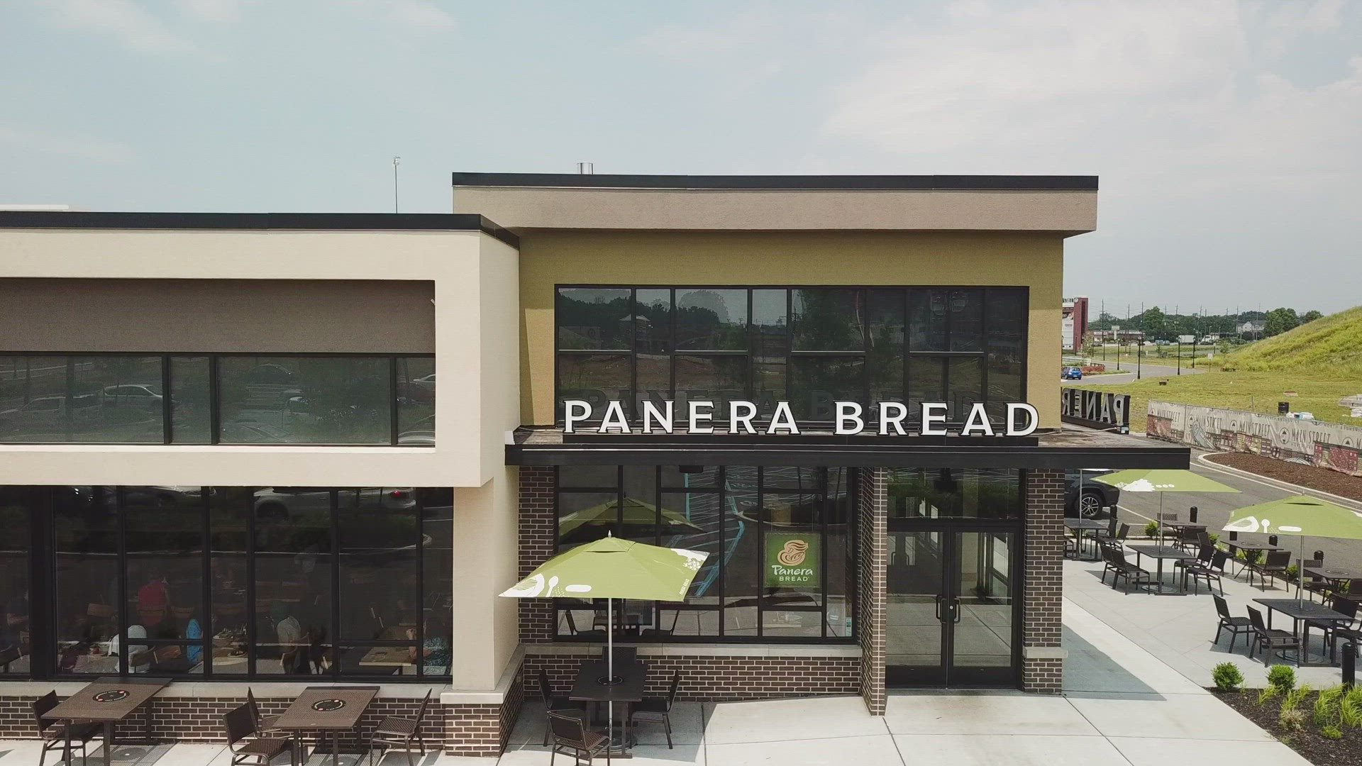 Aerial View of Panera Bread Restaurant - Rise and Reverse Shot