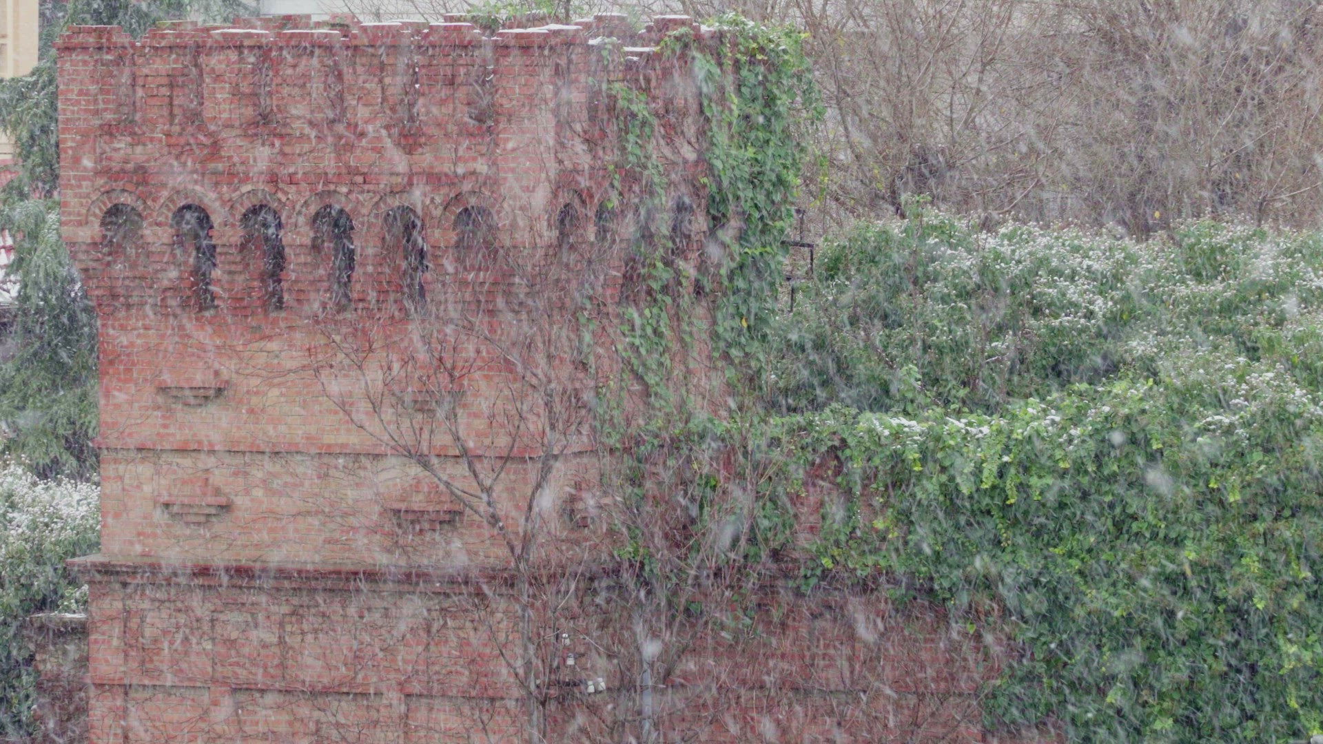 Snow falling on an abandoned castle with battlements, surrounded be green plantation. 